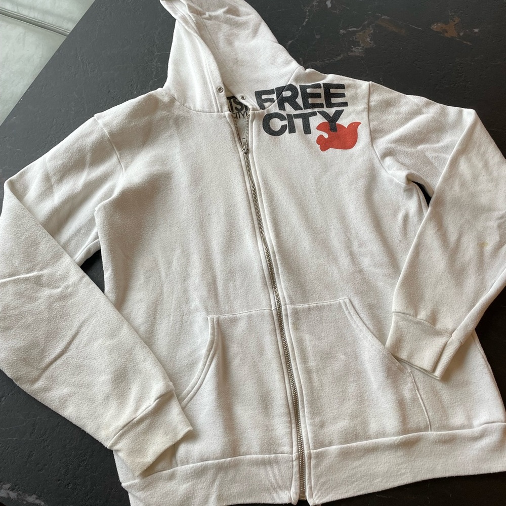 Free city white hooded zip up sweater